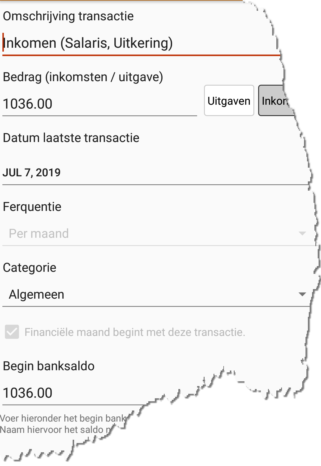 Een screenshot of het invul scherm voor transacties